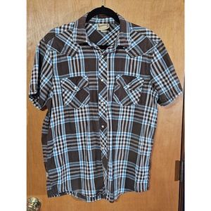 Roebuck Shirt Mens M Blue Black Plaid Pearl Snap Short Sleeve Casual Western